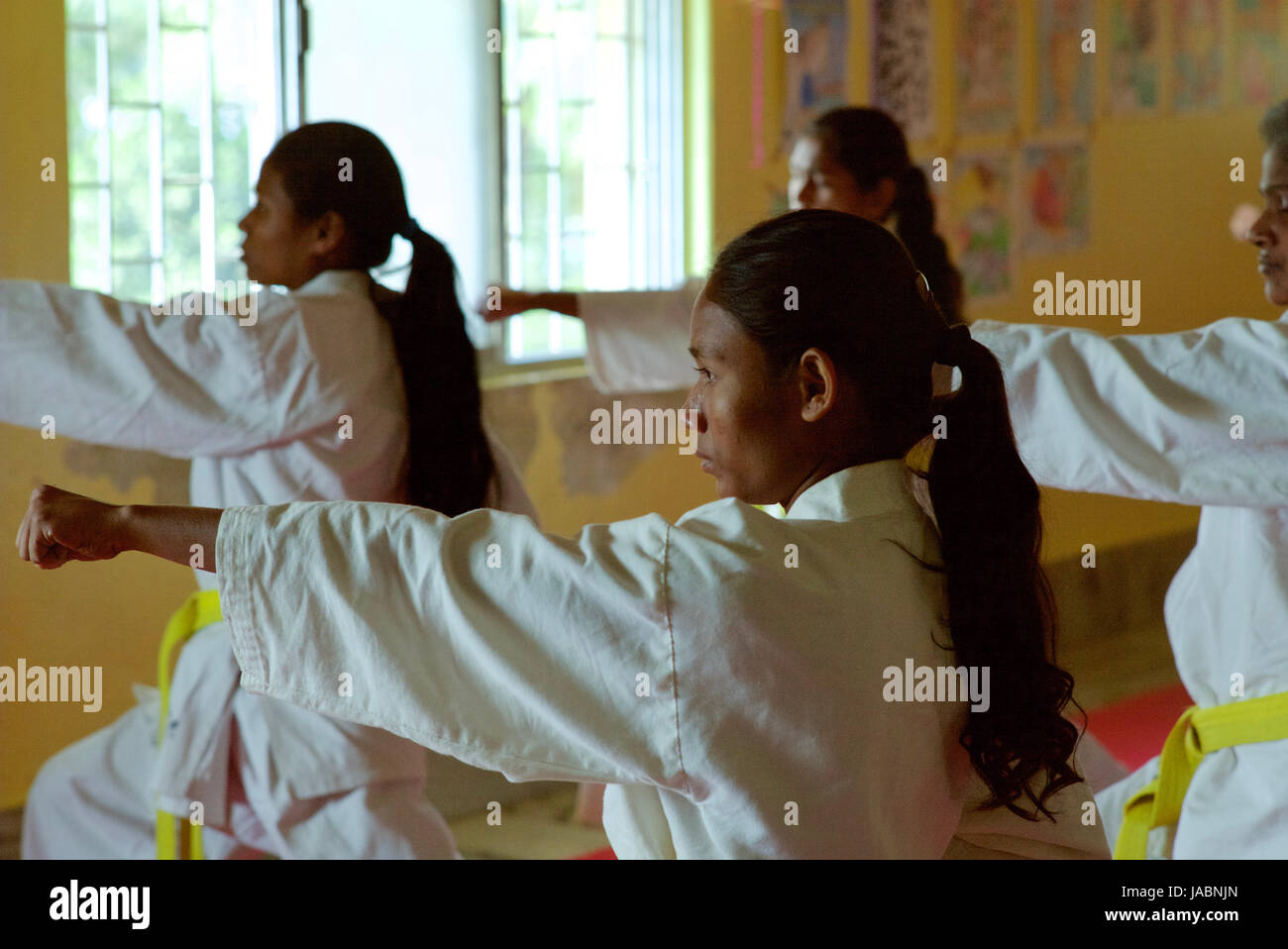 school girls learning kung fu martial art Stock Photo