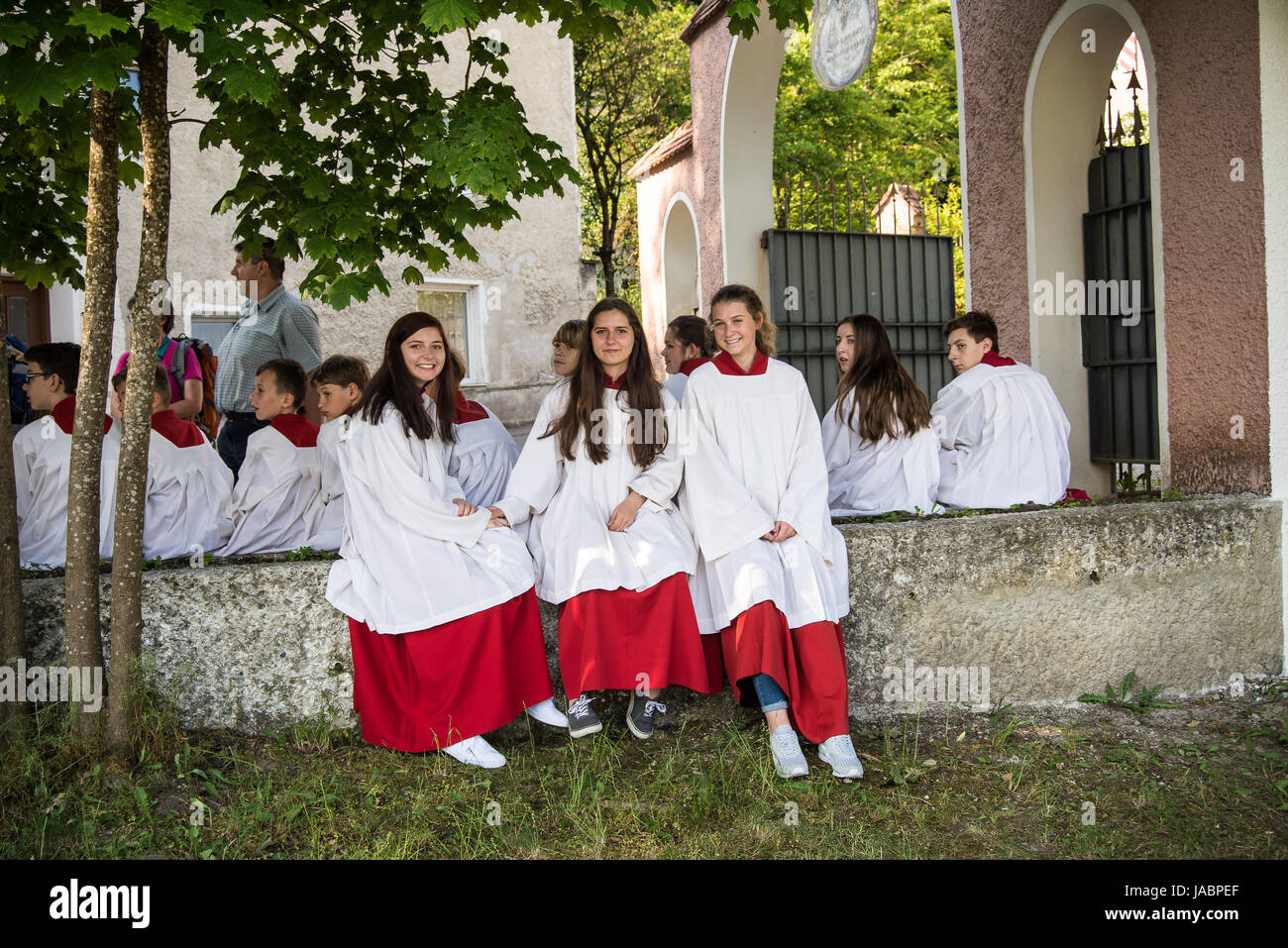 Altar girls waiting for pilgrimas to arrive Stock Photo Alamy