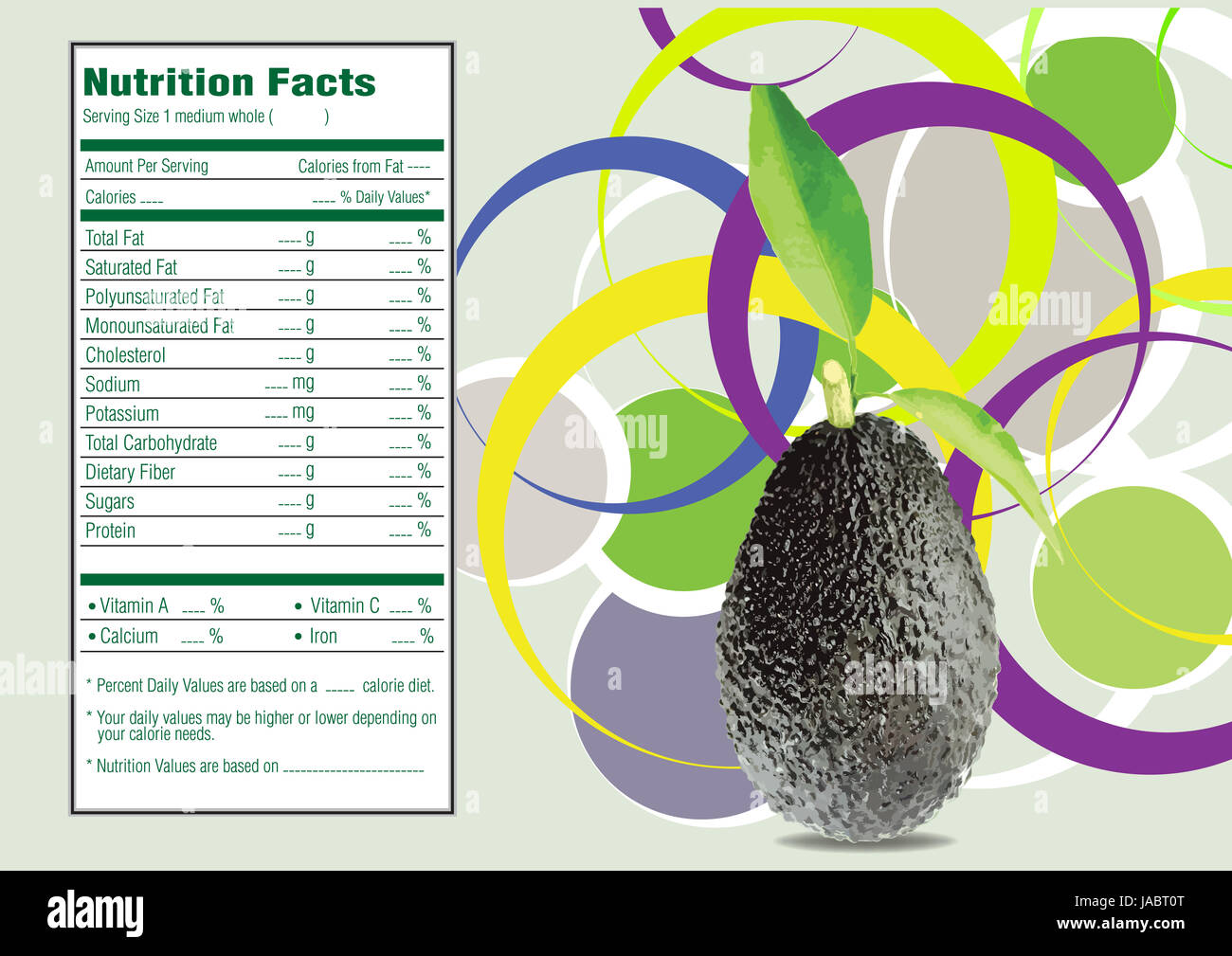 Creative Design for Avocados with leaves and Nutrition facts label ...