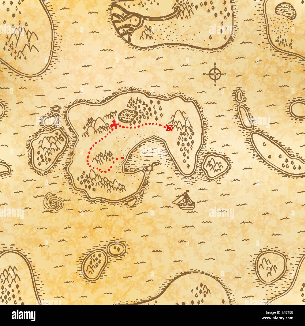 Ancient pirate map on old textured paper with red path to treasure, seamless pattern Stock Vector