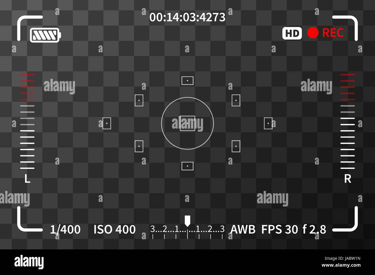 Camera viewfinder with iso, battery and audio levels marks on