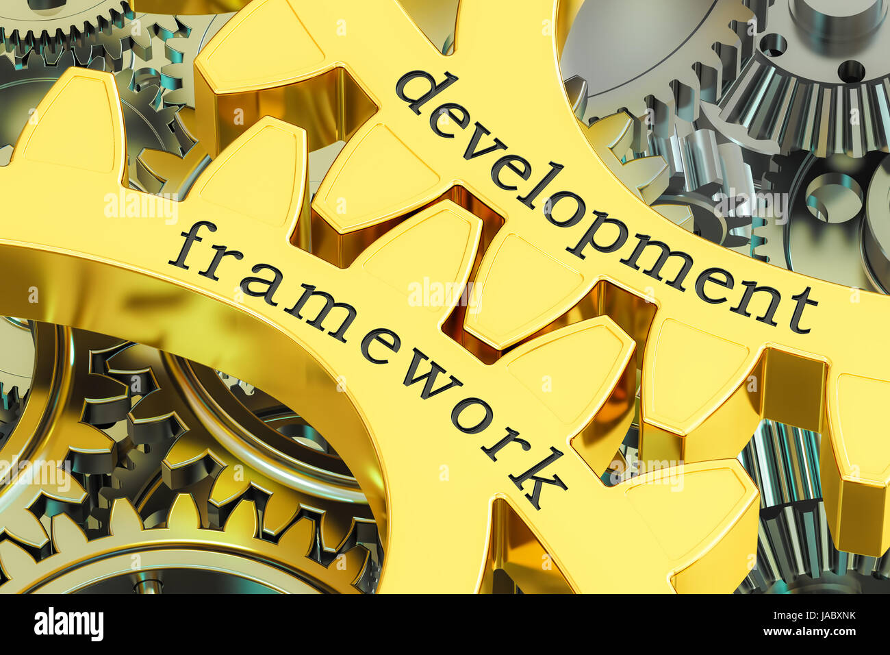 development framework concept on the gearwheels, 3D rendering Stock ...