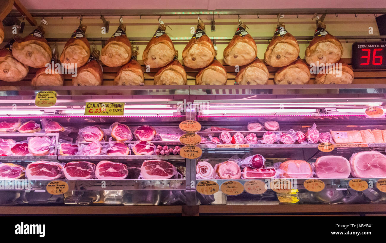 Butcher shop in Parma, Italy Stock Photo