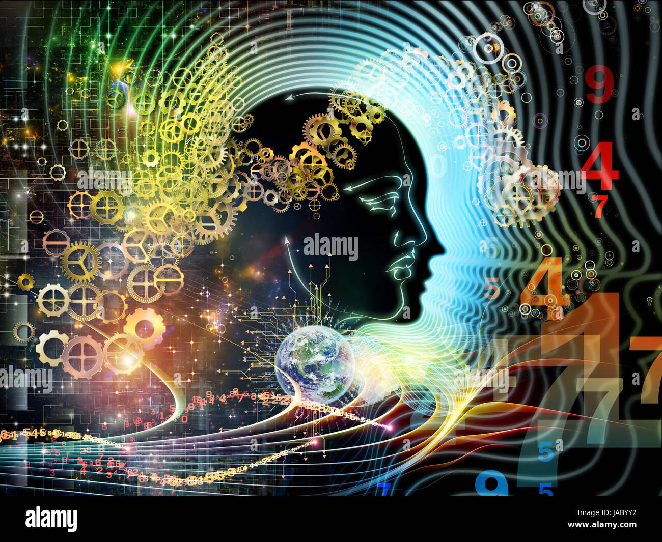 Backdrop composed of human feature lines and symbolic elements and ...