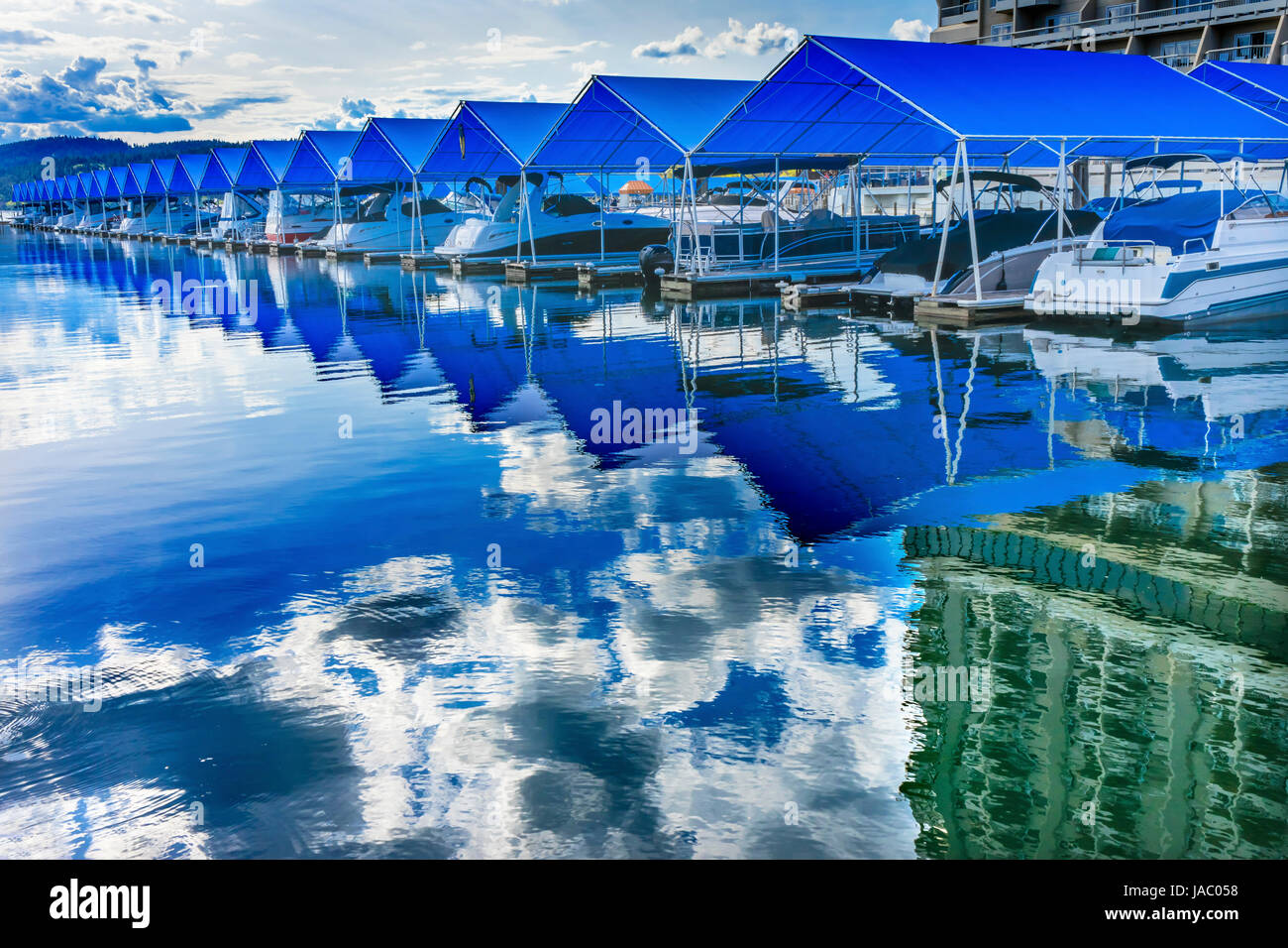 Resort Blue Covers Boardwalk Marina Piers Boats Reflection Lake Coeur d
