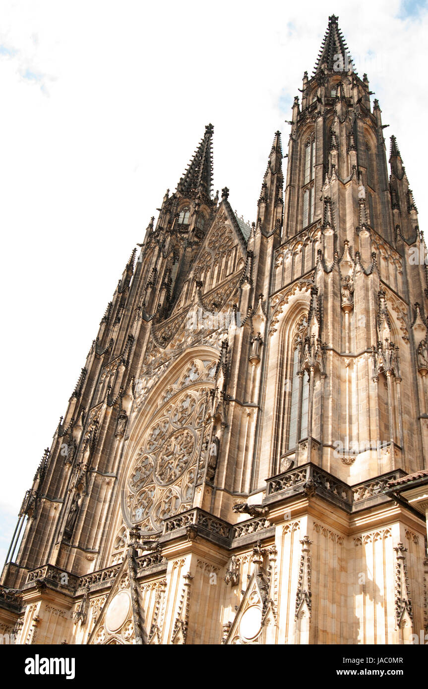 Saint Vitus Cathedral is a Roman Catholic cathedral in Prague, and the seat of the Archbishop of Prague. This cathedral is an excellent example of Gothic architecture and is the biggest and most important church in the country. Located within Prague Castle and containing the tombs of many Bohemian kings and Holy Roman Emperors. Stock Photo