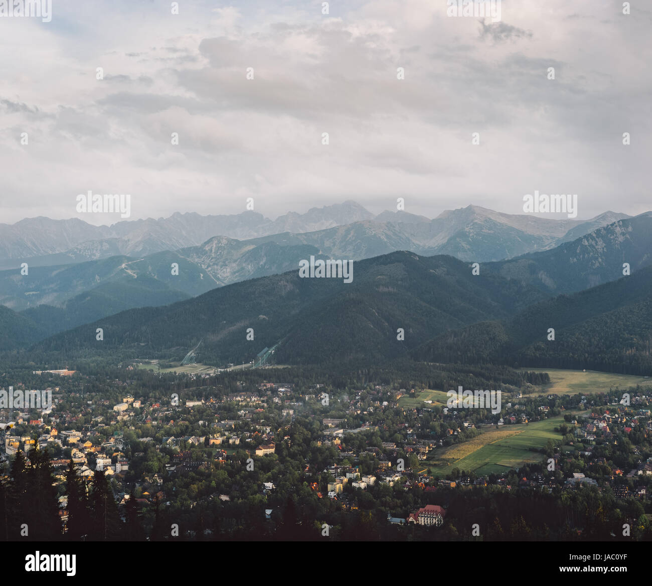 Scenic view of Tatra Mountains in the evening. Instagram filter Stock Photo