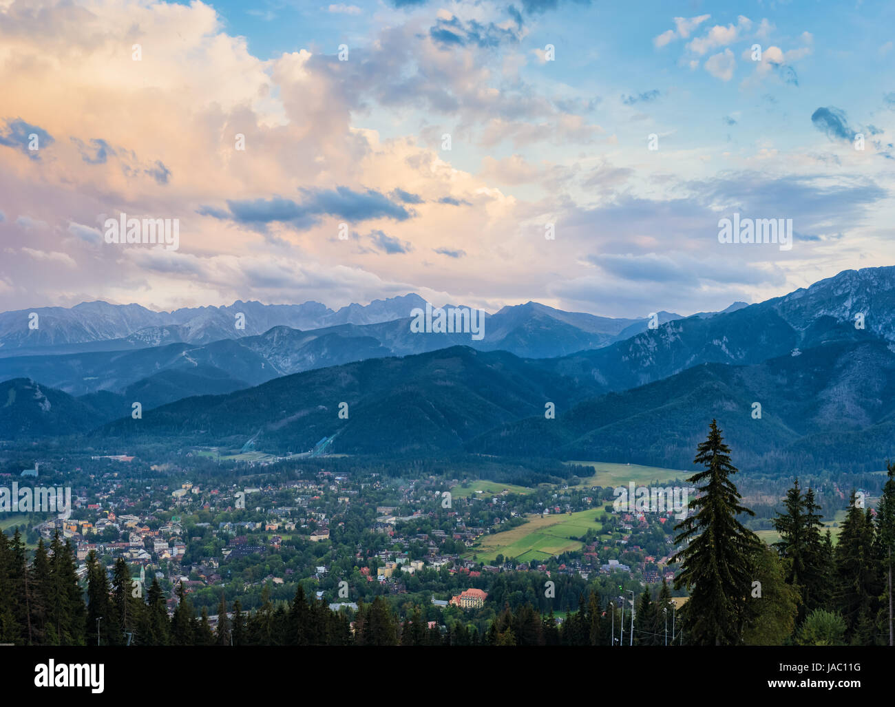 Panoramic view of Tatra Mountains and Zakopane from Gubalowka Hill, Poland Stock Photo