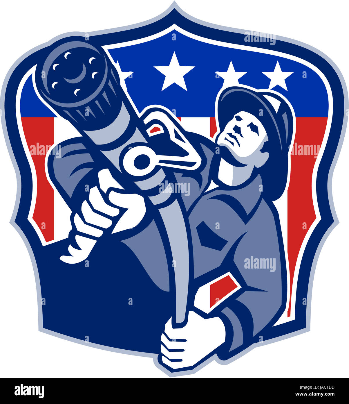 Illustration of an American fireman fire fighter emergency worker aiming fire hose set inside shield with USA stars and stripes flag done in retro style. Stock Photo