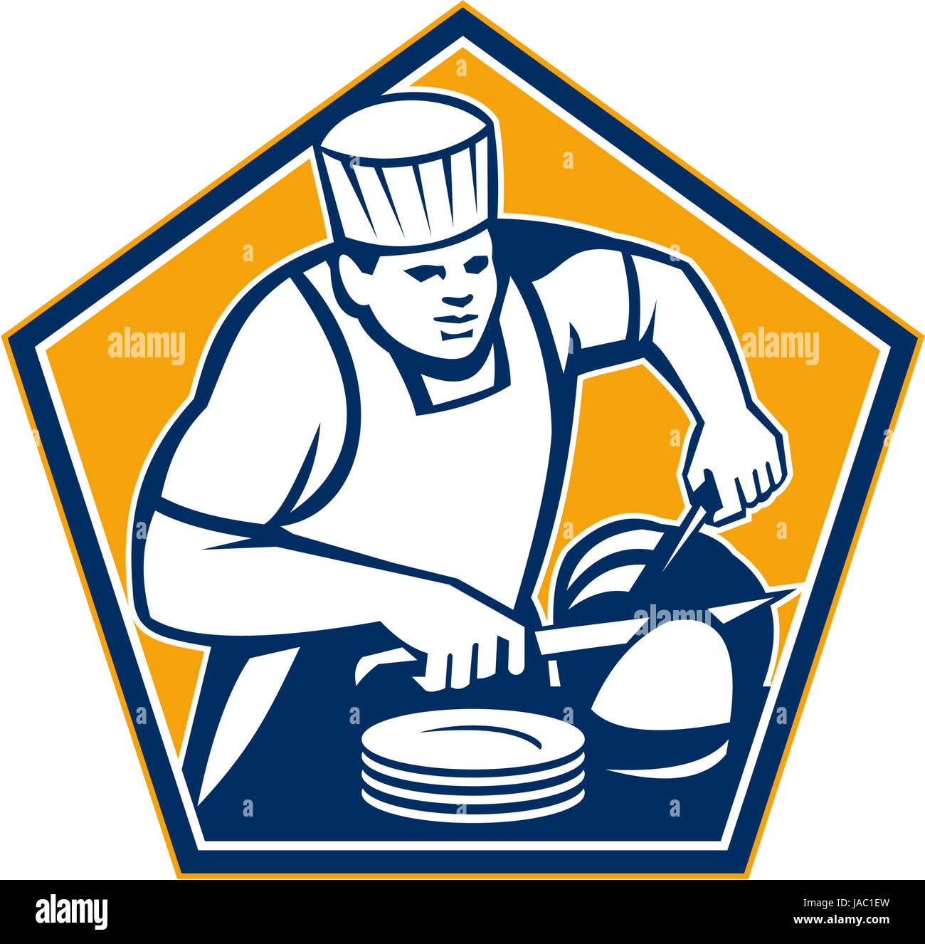 Illustration of a chef cook with knife slicing leg of ham meat set inside pentagon done in retro style. Stock Photo