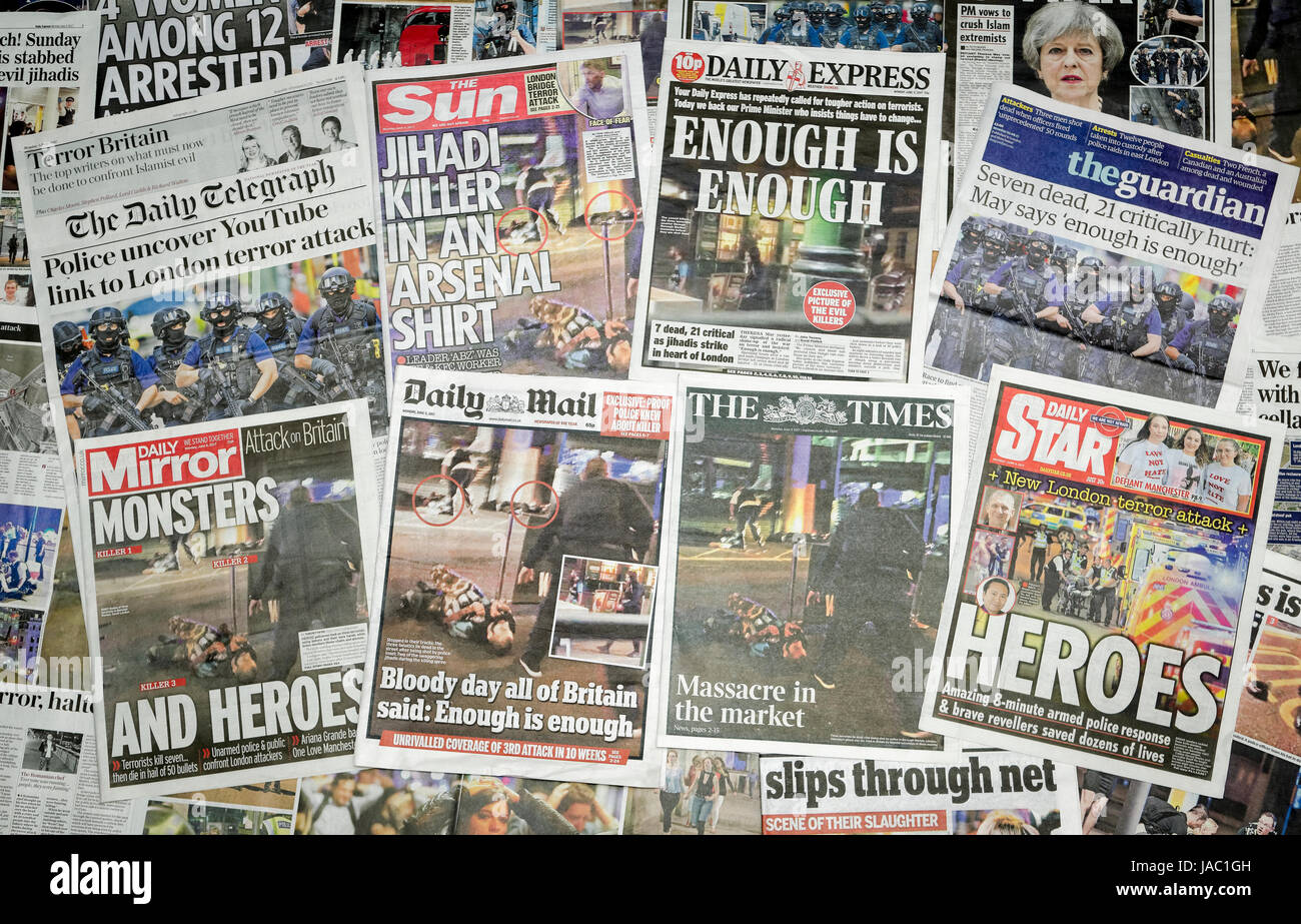 British newspaper front pages reporting on the Terrorist attack on London Bridge and Borough Market in which 7 people Stock Photo
