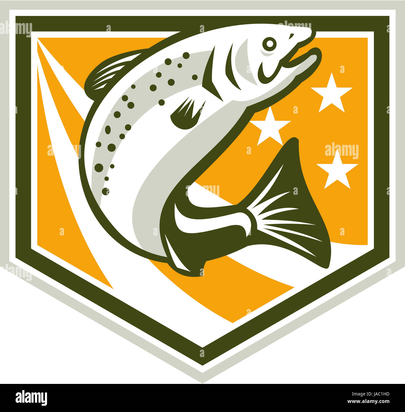 Illustration of a trout fish jumping set inside shield with stars and stripes marks done in retro style Stock Photo