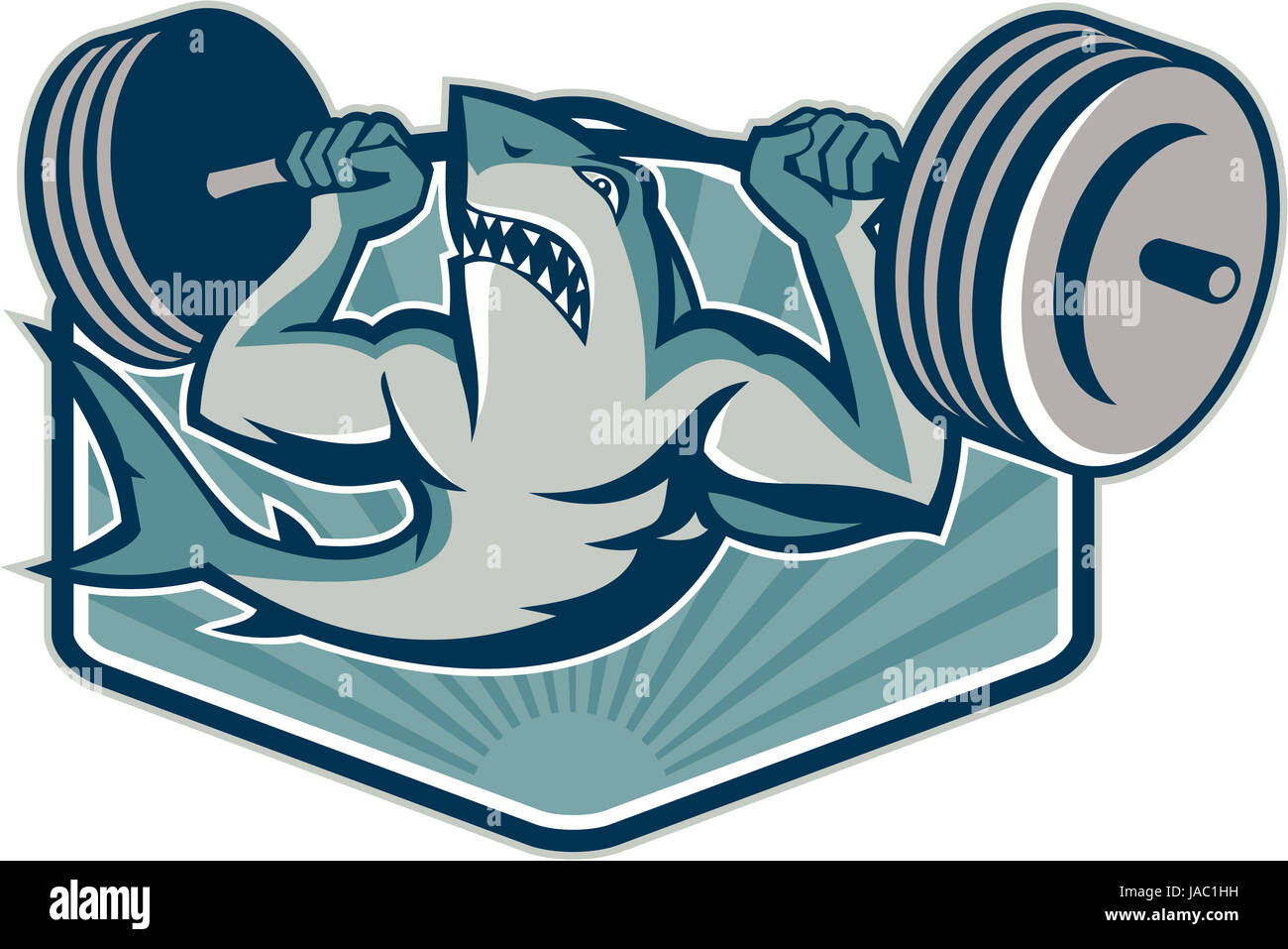 Illustration of a shark weightlifter lifting weights barbell viewed from front done in retro style. Stock Photo