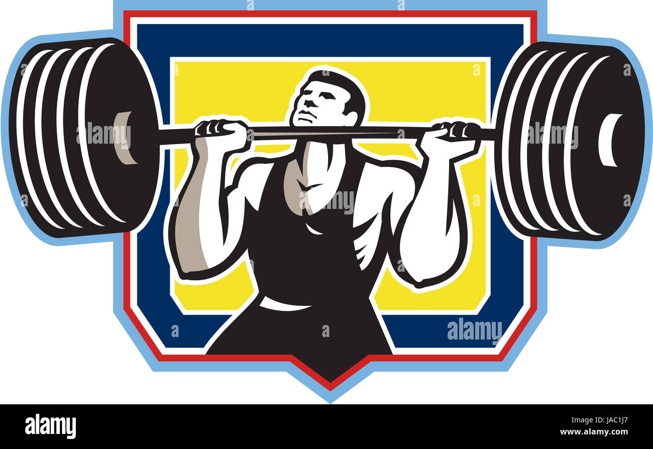 Illustration of a weightlifter lifting weights heavy barbell viewed from front set inside crest shield done in retro style. Stock Photo