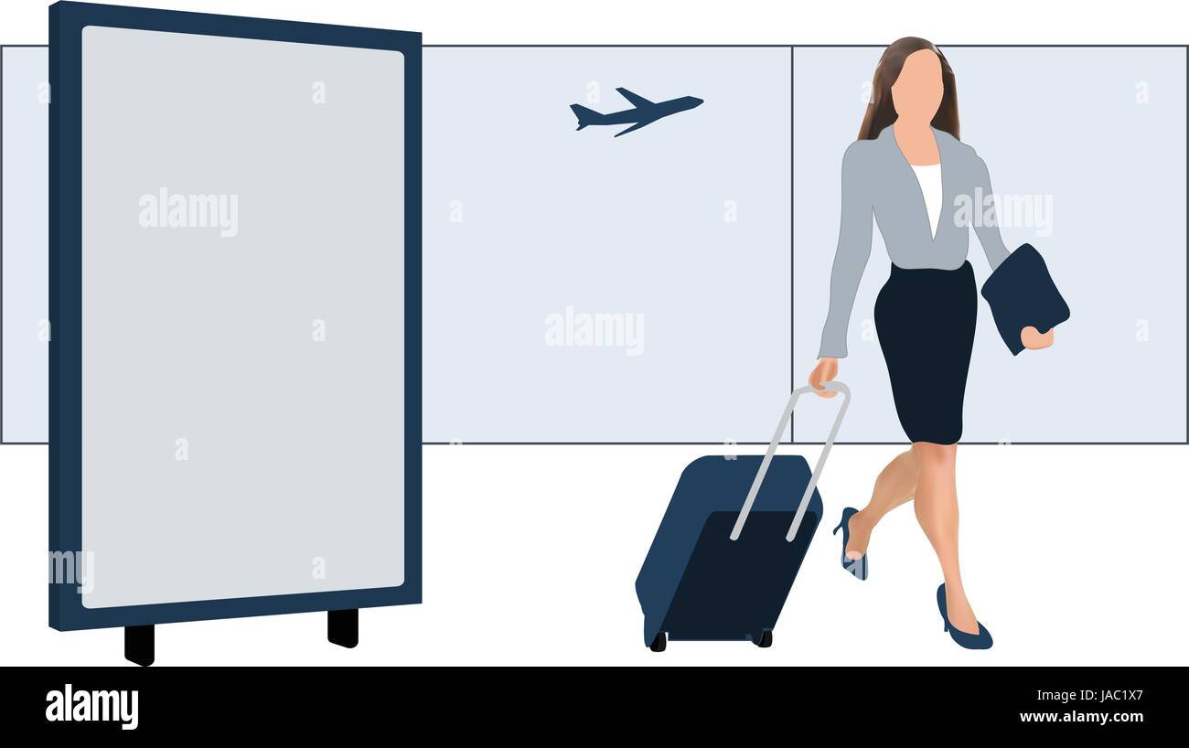 Modern female traveler with luggage at airport, billboard with space for advertising Stock Vector