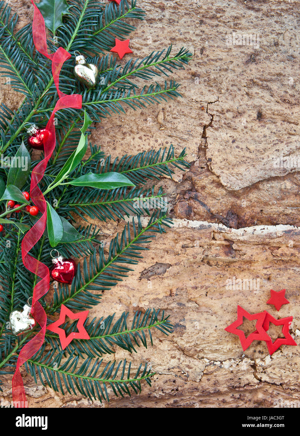 Rustikaler Hintergrund mit Stechpalmen und Tannenzweigen Stock Photo