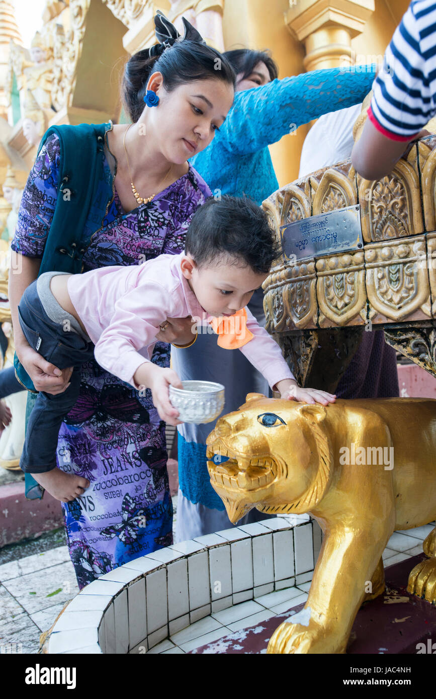 A mother holds her child while he bathes a statue of a lion (for good luck) at the Shwedagon Pagoda in Yangon (Rangoon), Myanmar (Burma) Stock Photo