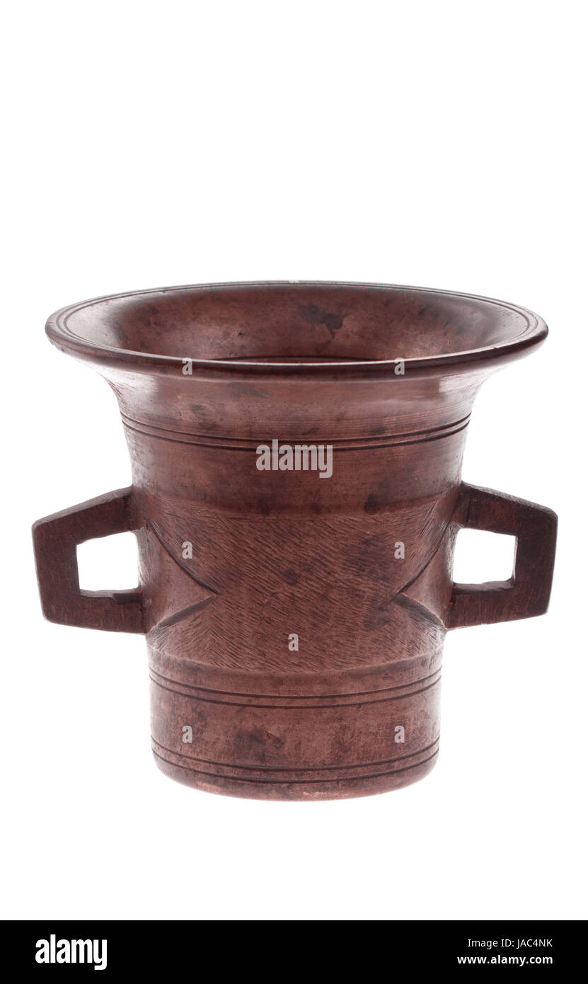 Bronze ancient mortar with handles - isolated on white background Stock