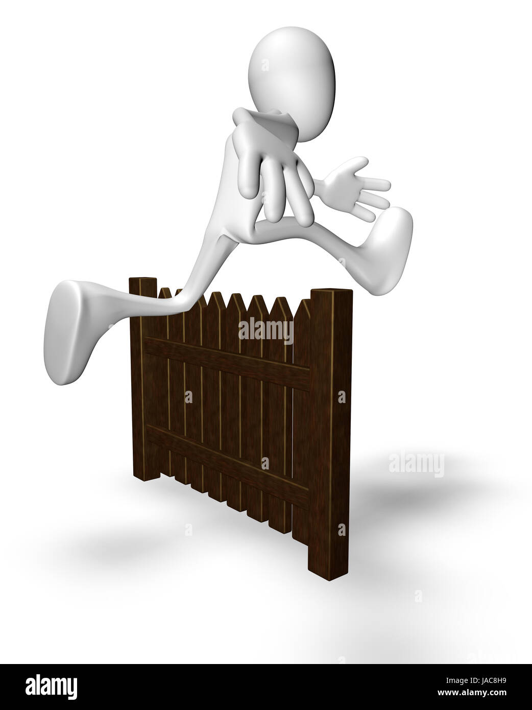cartoonfigur springt über gartenzaun - 3d illustration Stock Photo