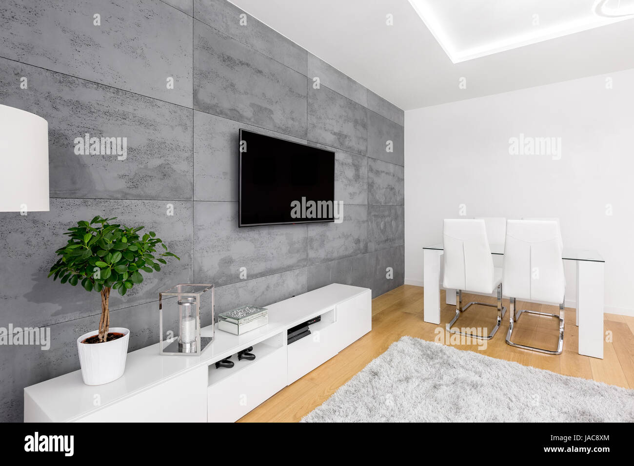 Modern living room with decorative concrete wall, tv, cabinet, table and chairs Stock Photo