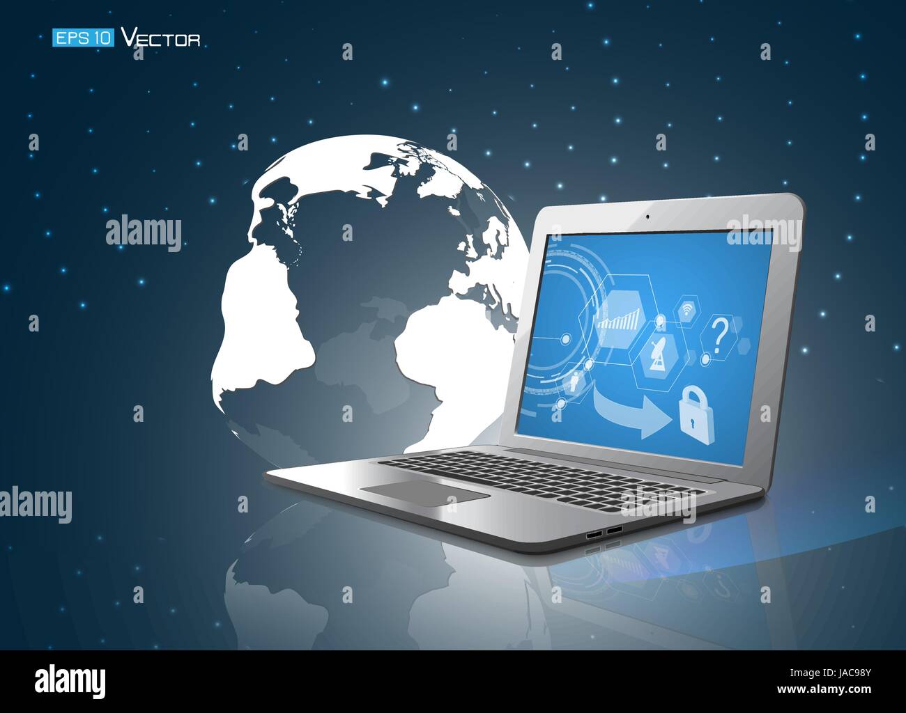 background with computer laptop , world. Used clipping masks ,opacity mask and transparentes and simbols. Stock Vector