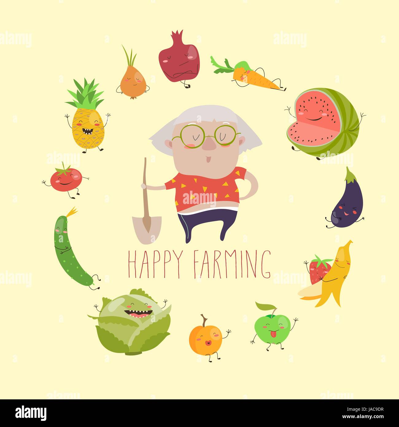 Cute granny farmer with funny vegetables Stock Vector