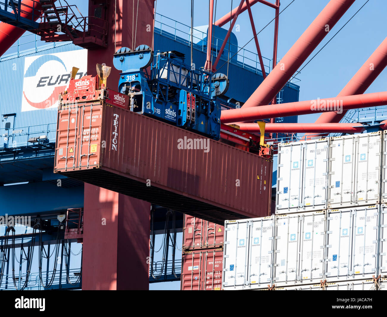 Container ship gets loaded, container , Hamburg Harbor, Burchardkai, Hamburg, Germany Stock Photo