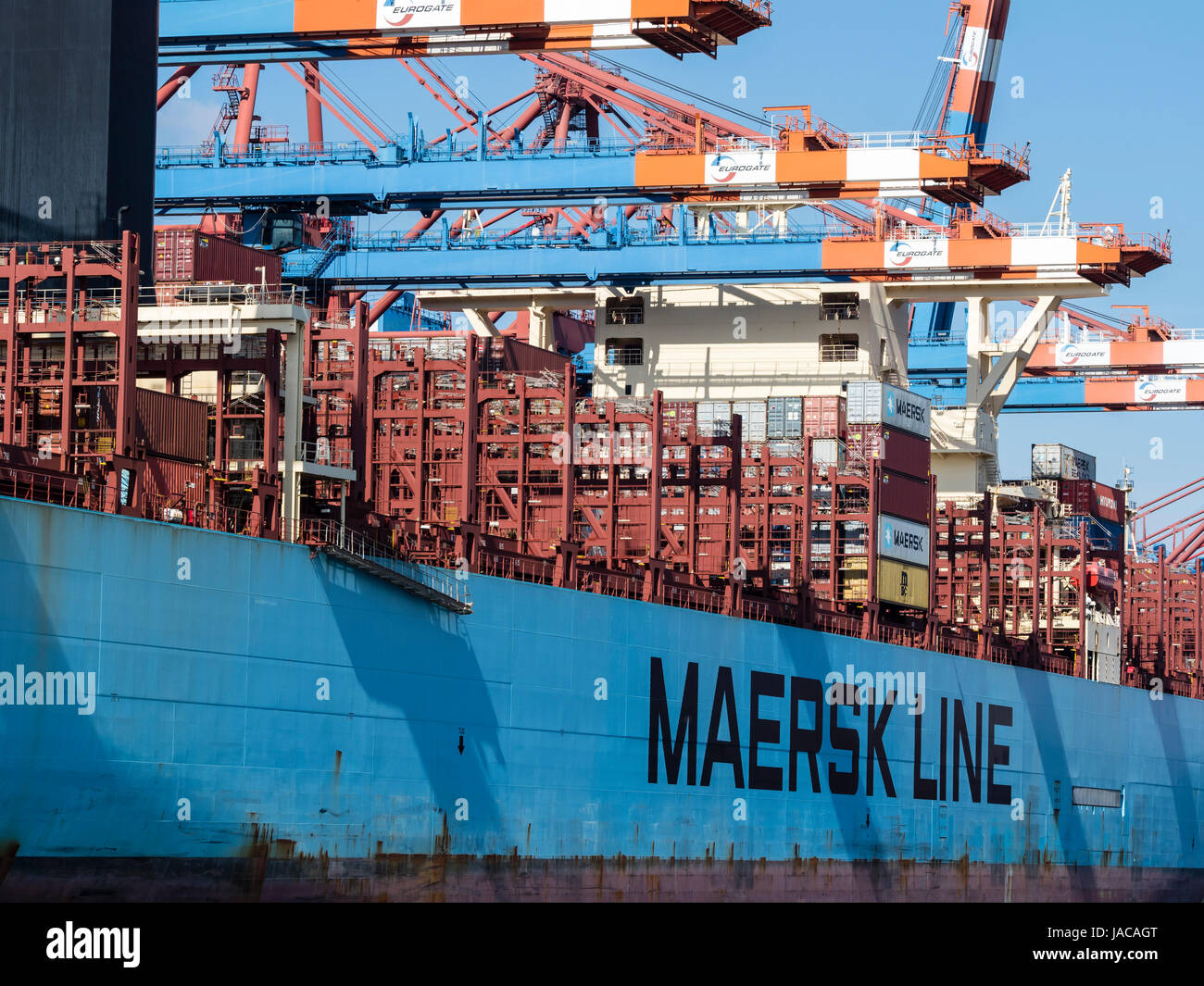 Container ship, Hamburg Harbor, Burchardkai, Hamburg, Germany Stock Photo