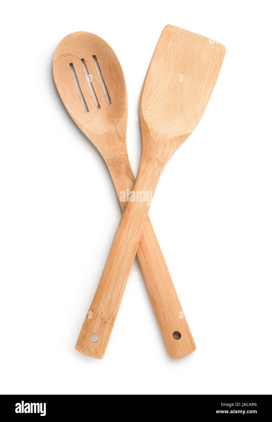 Top view of wooden kitchen spoon and spatula isolated on white Stock Photo