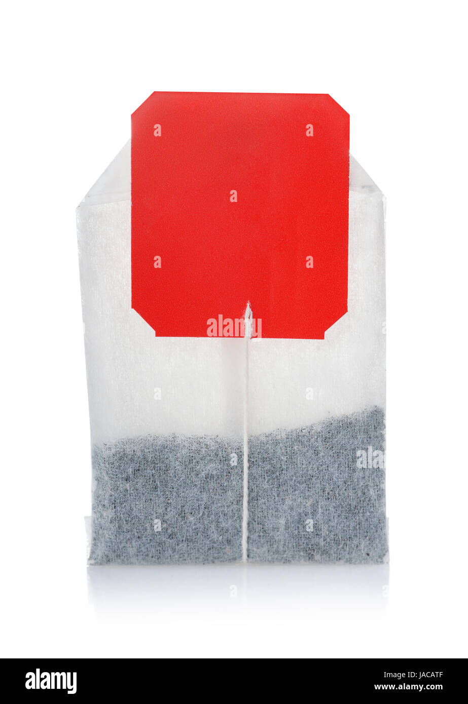 Teabag with red blank label isolated on white Stock Photo