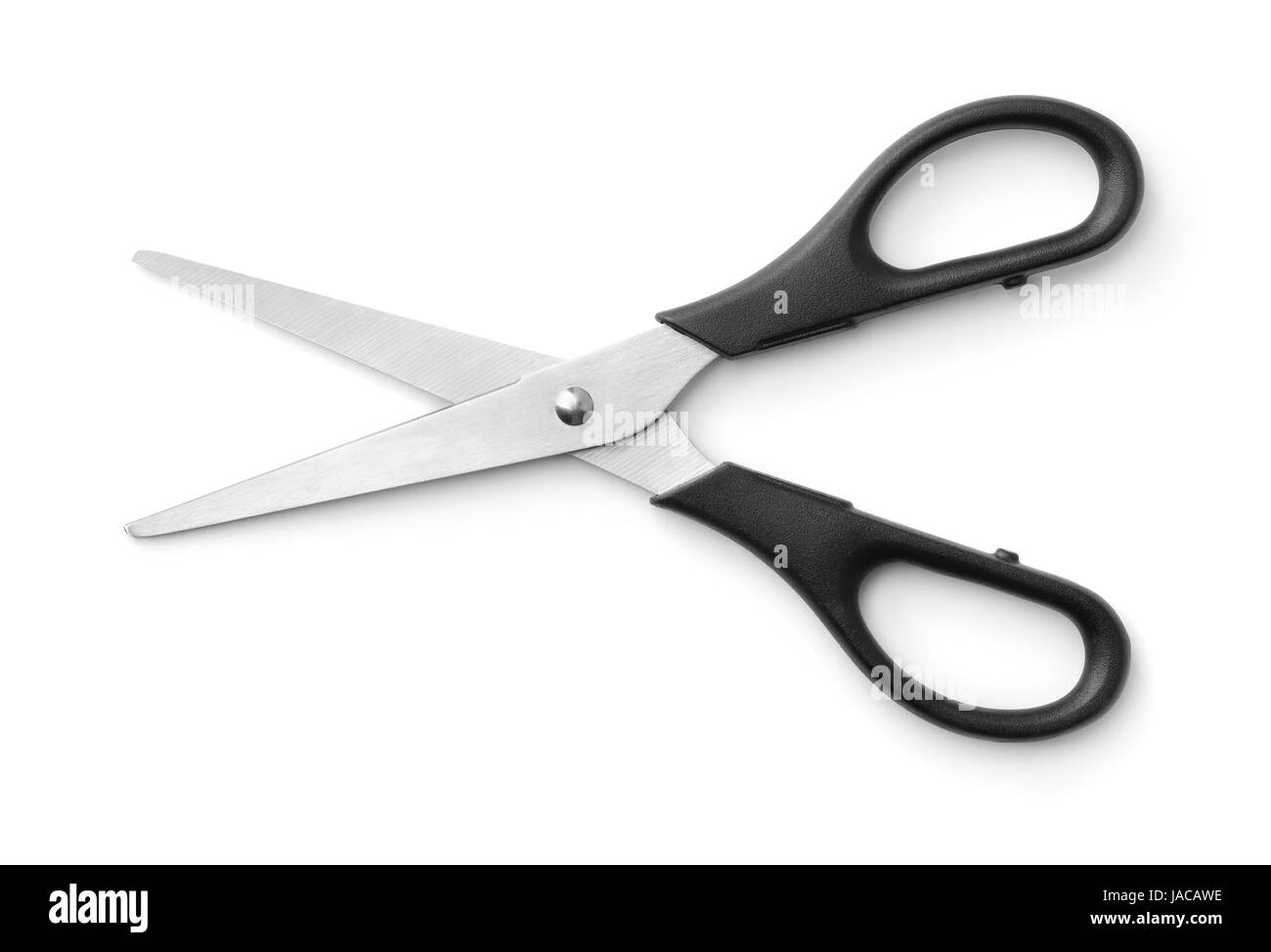 Top view of black handled scissors isolated on white Stock Photo