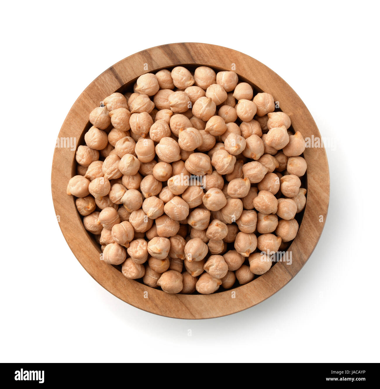 Top view of wood bowl with chickpeas isolated obn white Stock Photo