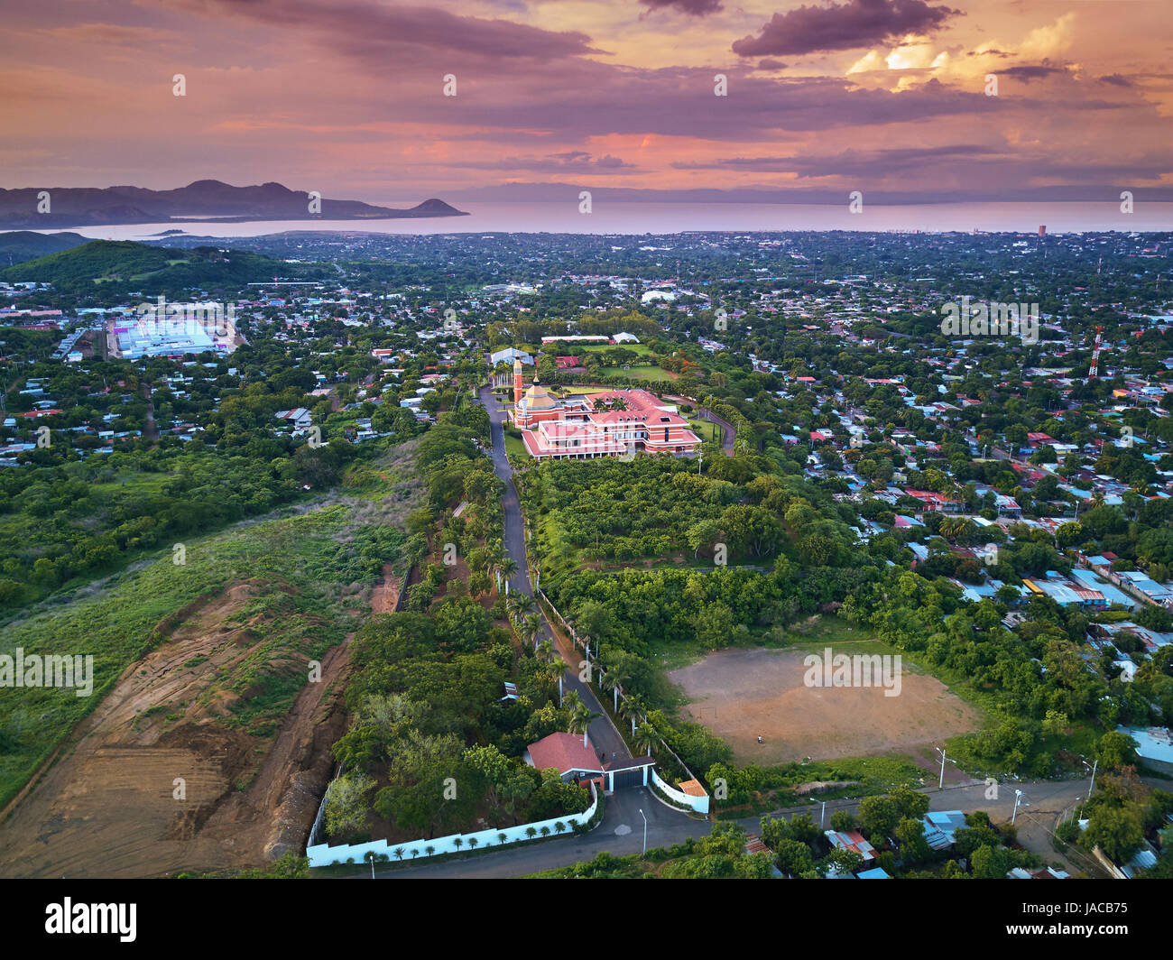 Cathedral in Managua aerial view on sunset time above angle Stock Photo