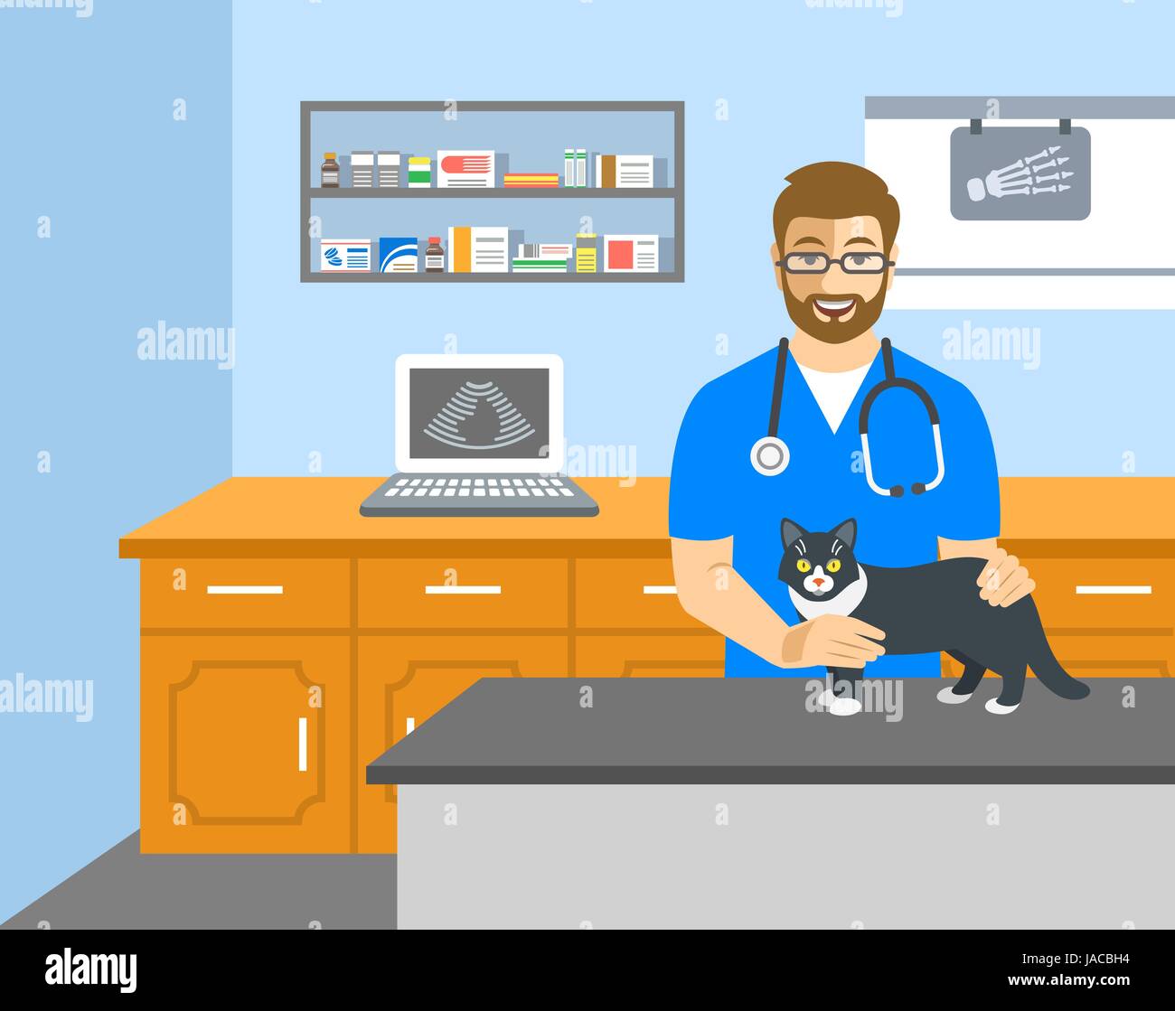 Veterinarian doctor holds cat on examination table in vet clinic. Vector cartoon illustration. Pets health care background. Domestic animals treatment Stock Vector