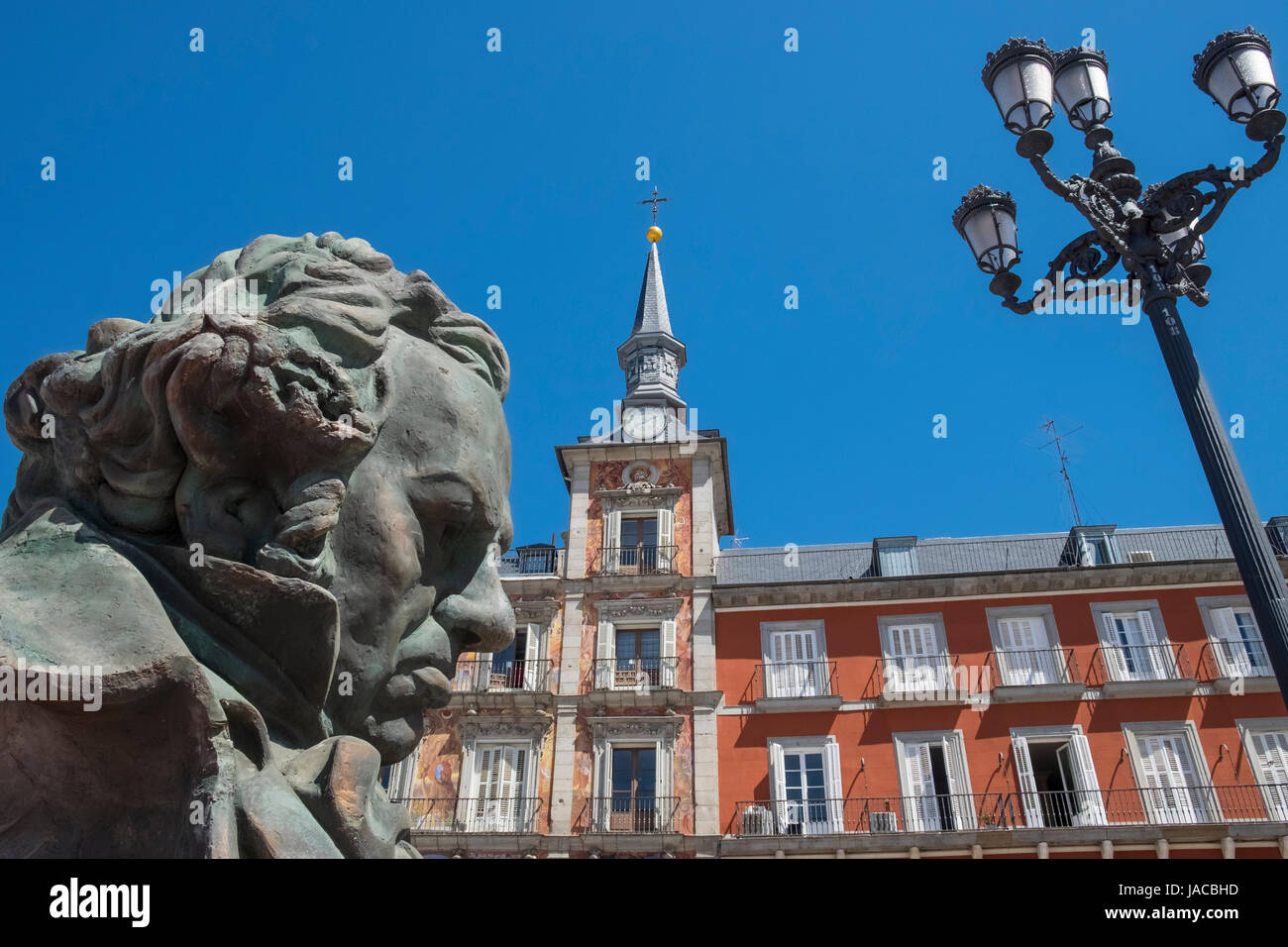 Large bronze sculpture of Spanish painter Francisco de Goya displayed in Plaza Major for the