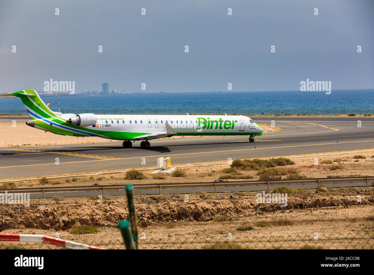 ARECIFE, SPAIN - APRIL, 16 2017: Canadair CRJ-1000 of Binter with the registration EC-MOX ready to take off at Lanzarote Airport Stock Photo