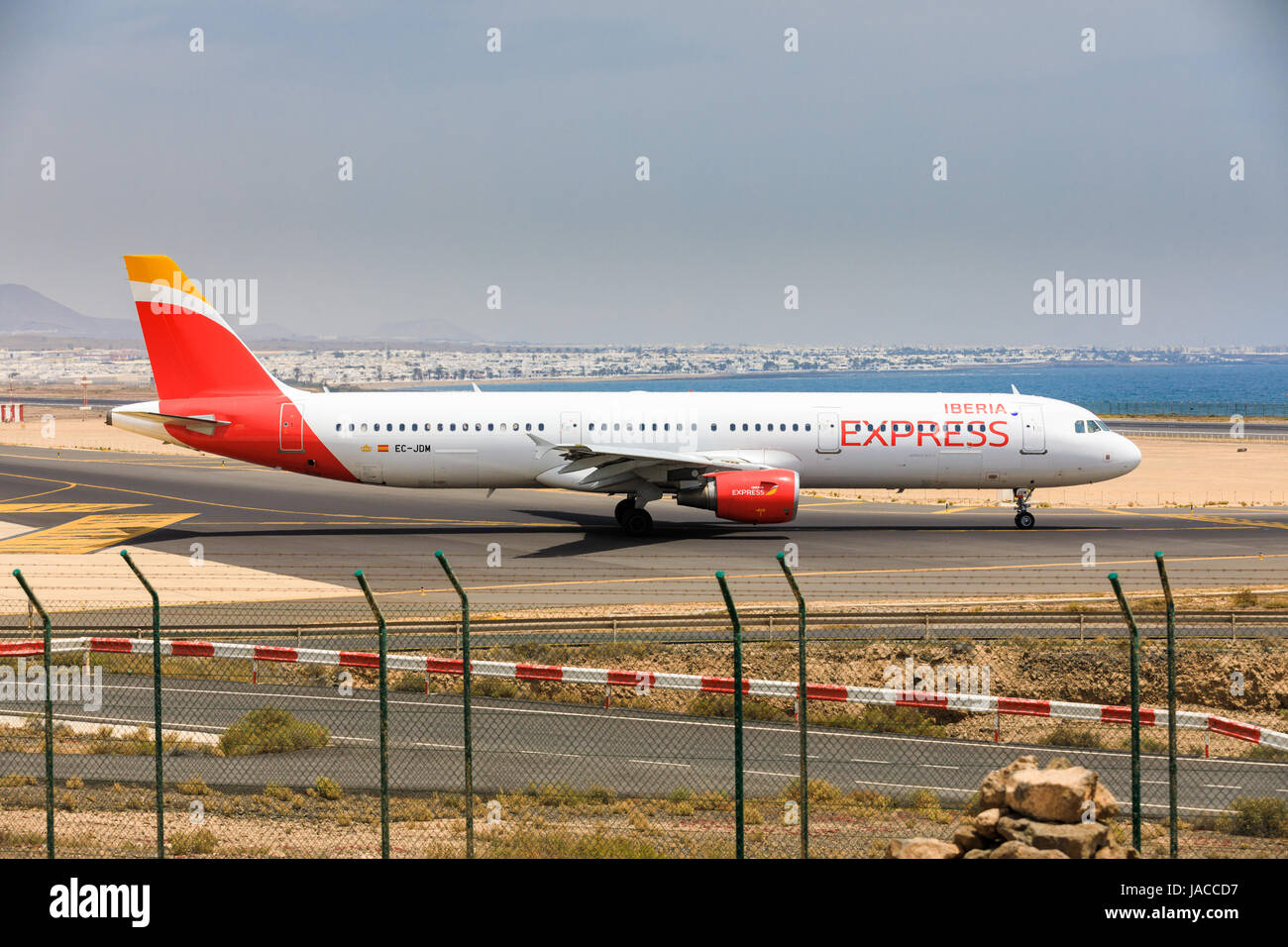 ARECIFE, SPAIN - APRIL, 16 2017: AirBus A321 of IBERIA with the registration EC-JDM ready to take off at Lanzarote Airport Stock Photo