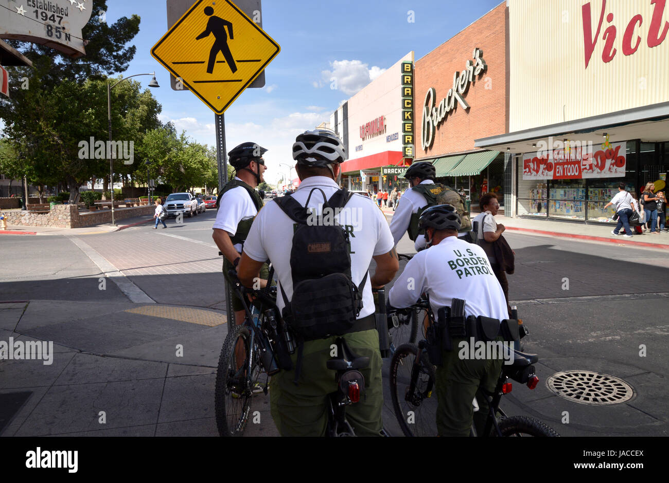 U.S. Border Patrol agents patrol downtown streets near the Mexican