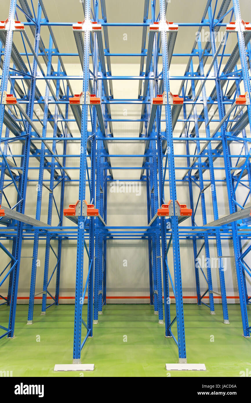 Blue shelving system in distribution warehouse Stock Photo Alamy
