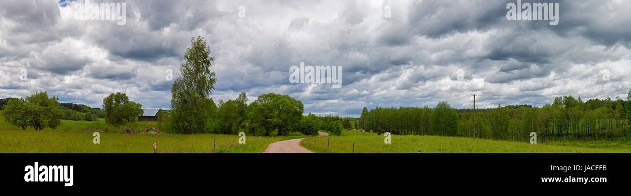Stormy sky over meadow and rural road, HDR image, Poland, Europe Stock Photo