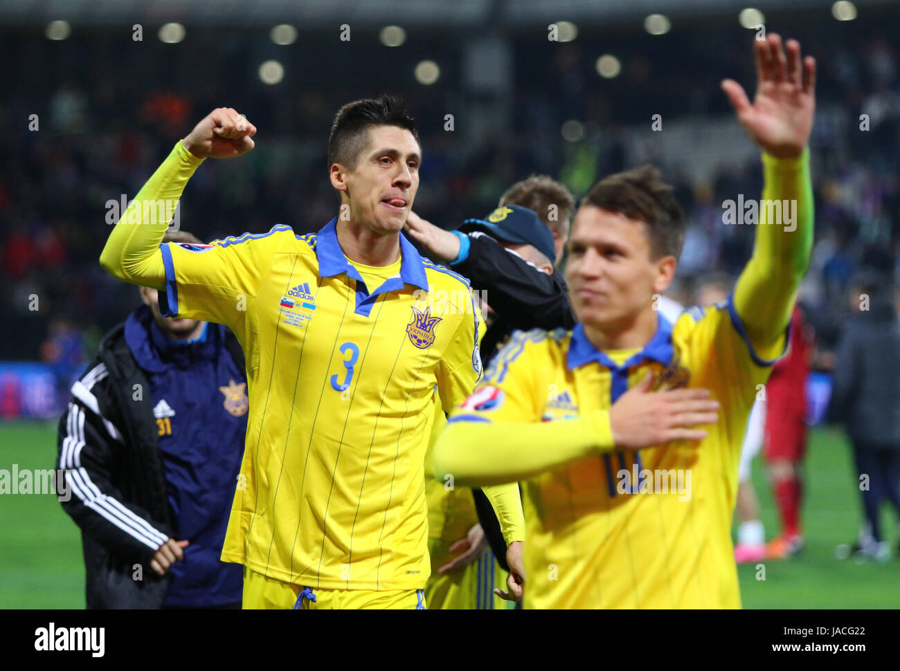 MARIBOR, SLOVENIA - NOVEMBER 17, 2015: Ukrainian footballers celebrate their win of UEFA EURO 2016 Play-off for Final Tournament after game against Sl Stock Photo