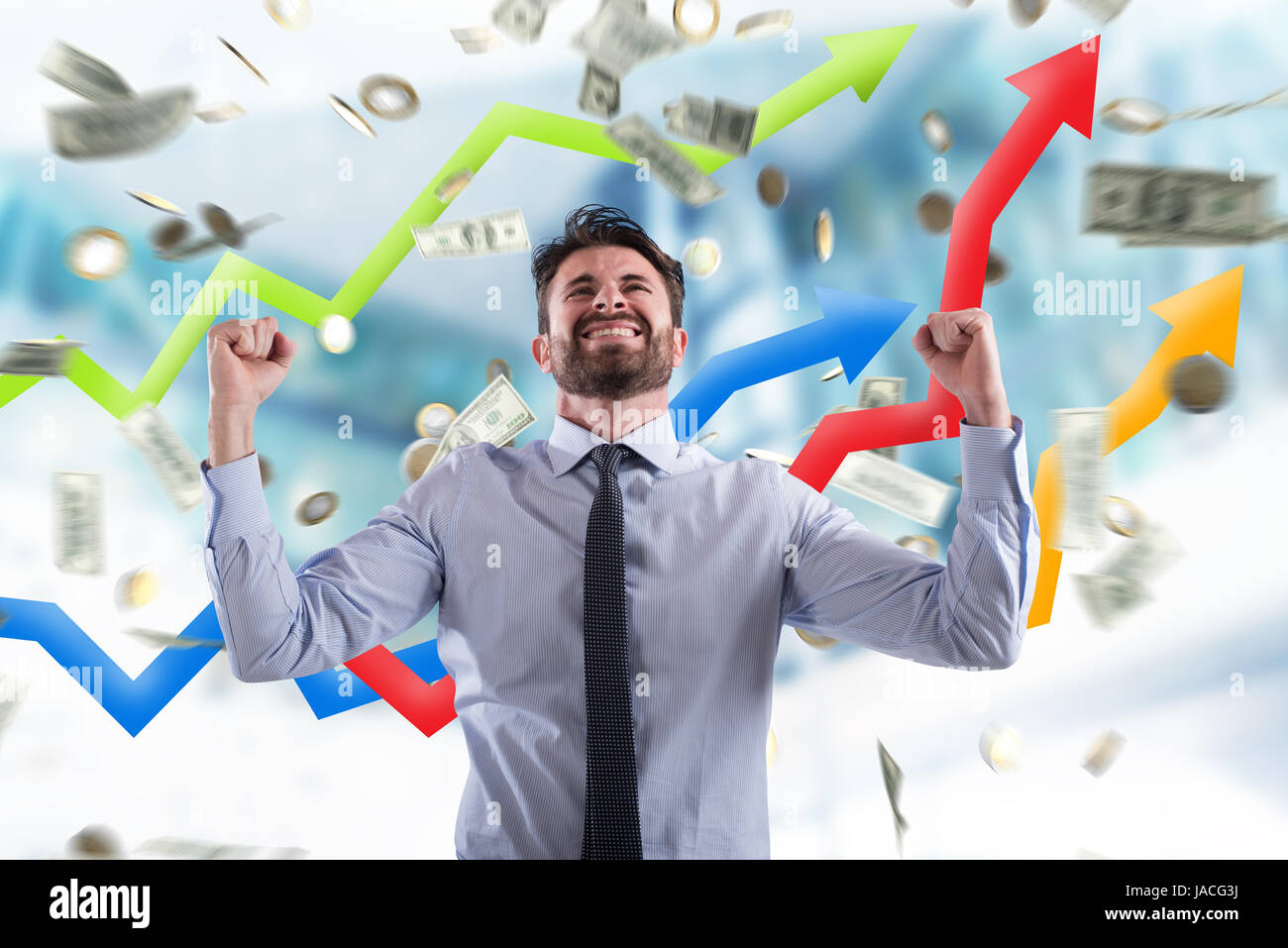Happy businessman with growth exponential gain statistics Stock Photo