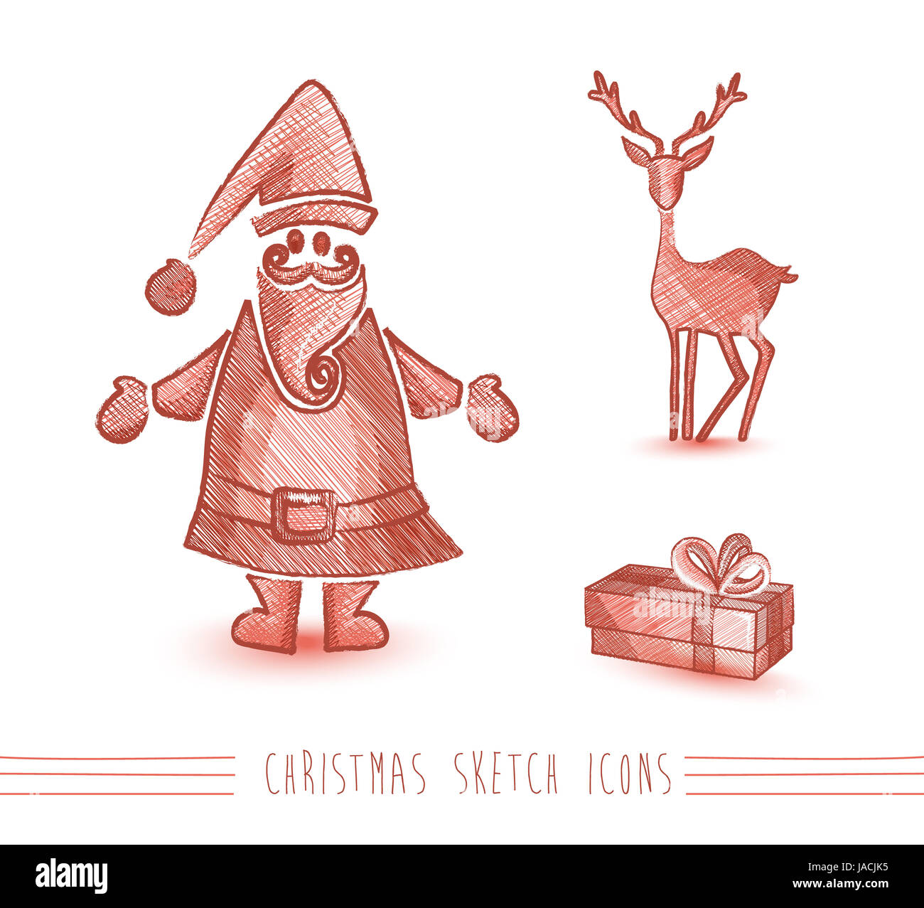 Merry Christmas hand drawn red Santa Claus and reindeer elements set ...