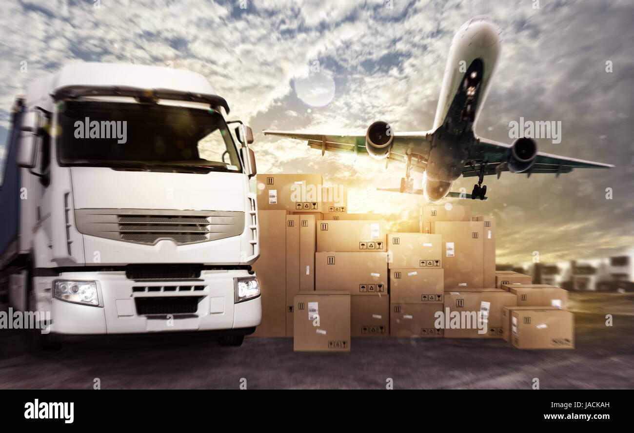 Truck and aircraft ready to start to deliver Stock Photo