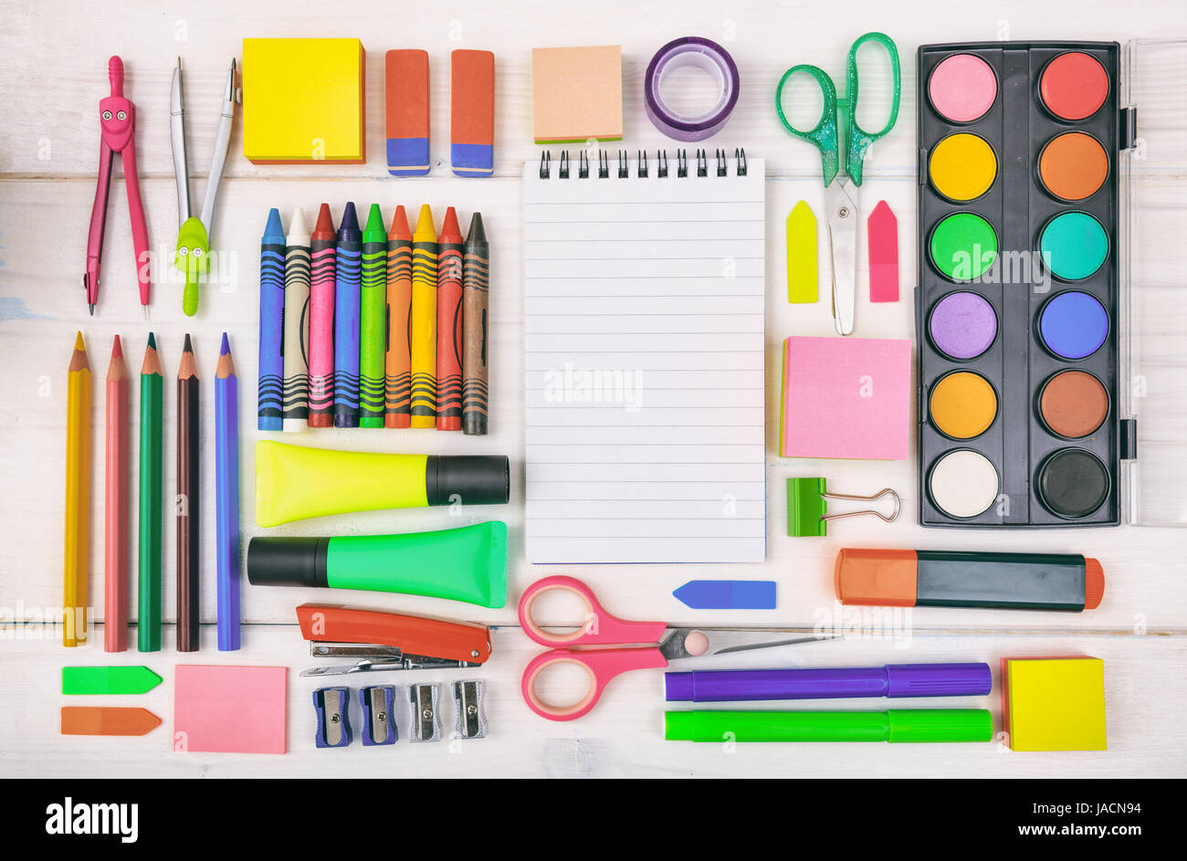 School supplies on white background - space for caption Stock Photo - Alamy