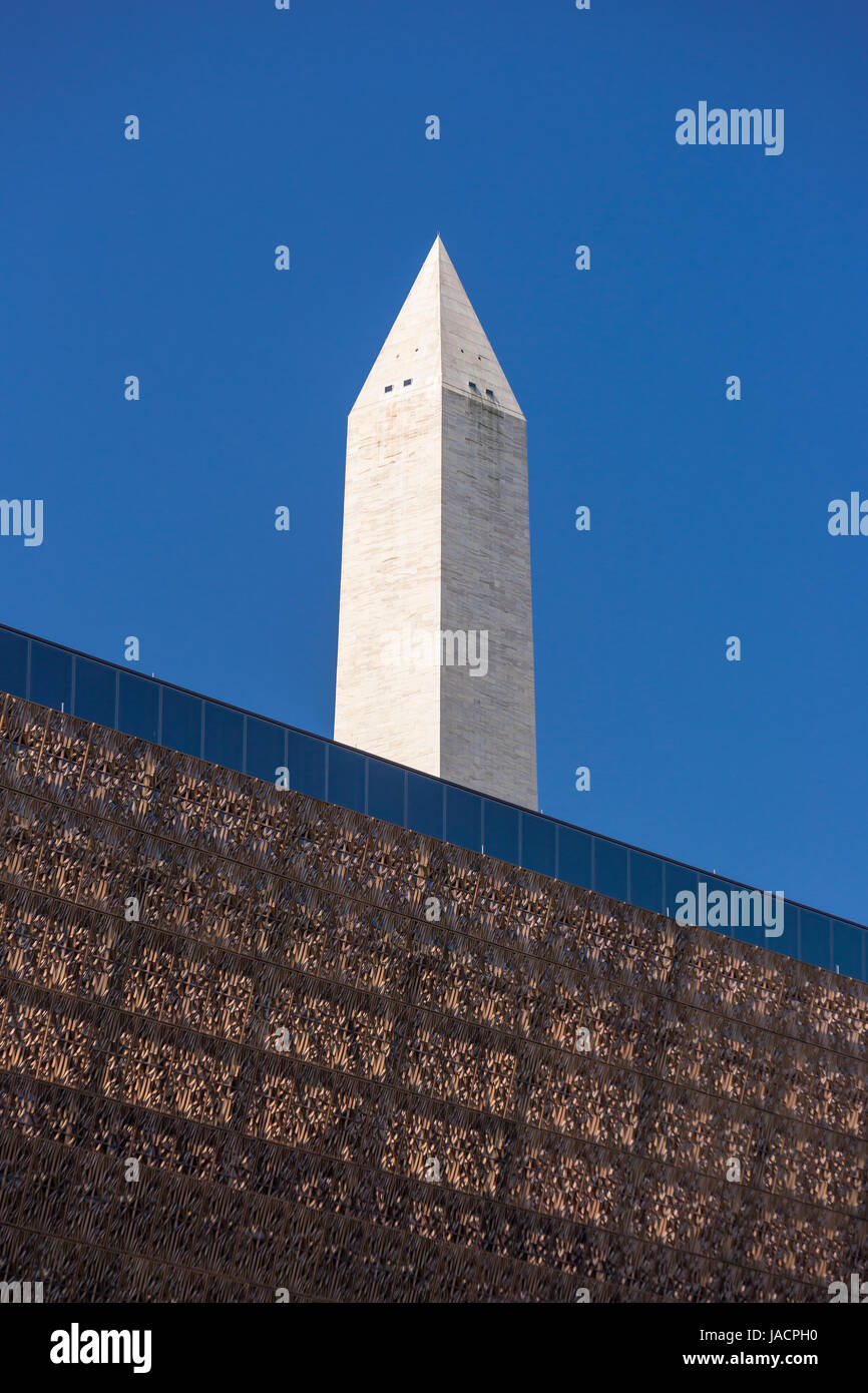 WASHINGTON, DC, USA - Smithsonian National Museum of African American History and Culture, and Washington Monument, above. Stock Photo