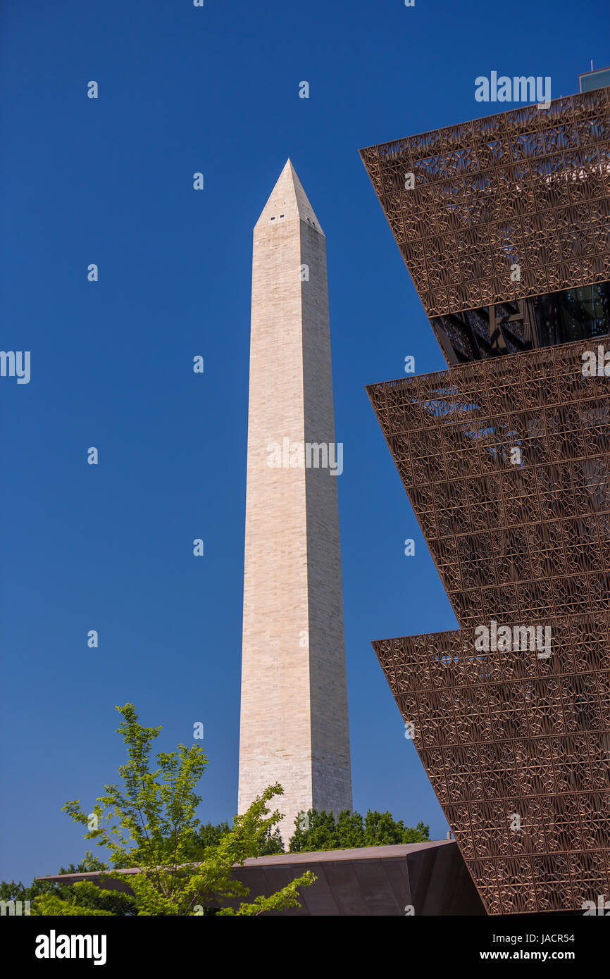WASHINGTON, DC, USA - Smithsonian National Museum of African American History and Culture, and the Washington Monument, left. Stock Photo