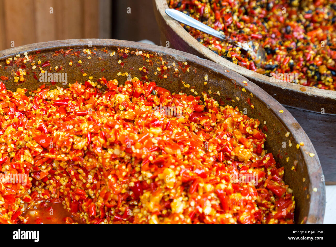 Yangshuo, China.  Chopped-up Chili Peppers for Sale. Stock Photo