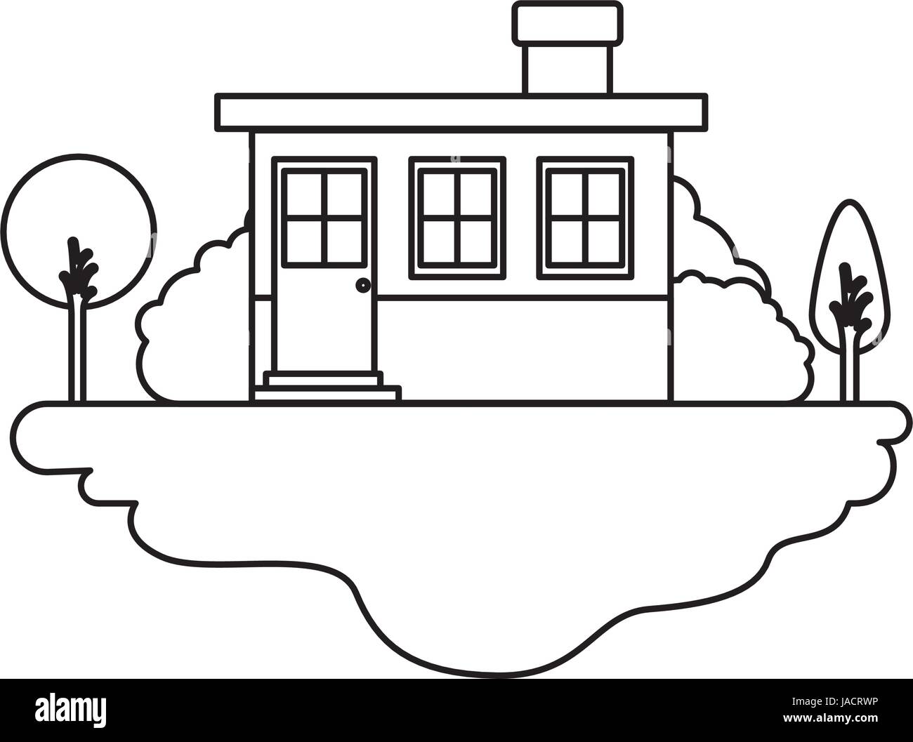 monochrome silhouette scene of outdoor landscape and small house facade ...