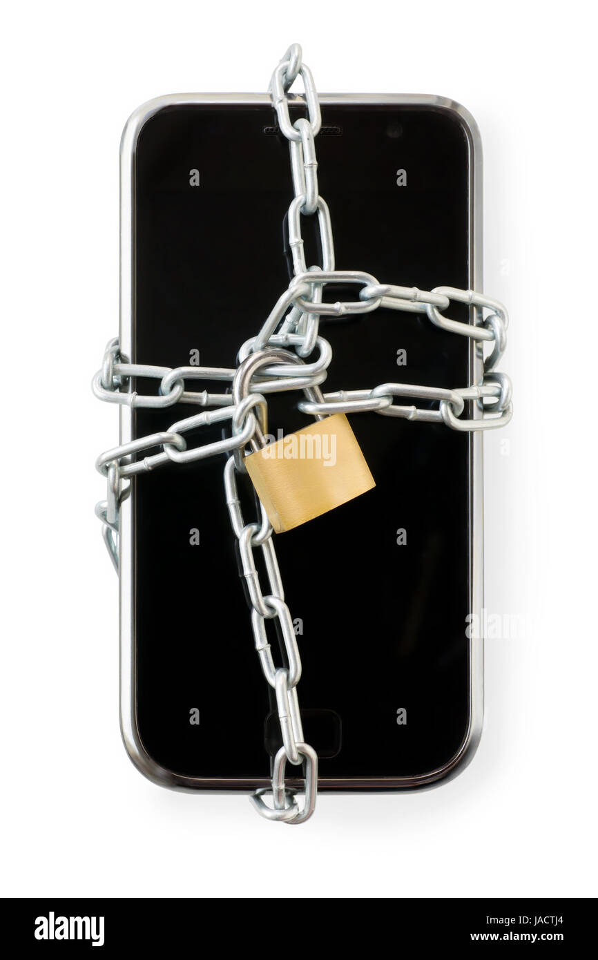 Smart phone in chain with lock. Isolated on white with clipping path. Security, data protection and software lock theme Stock Photo